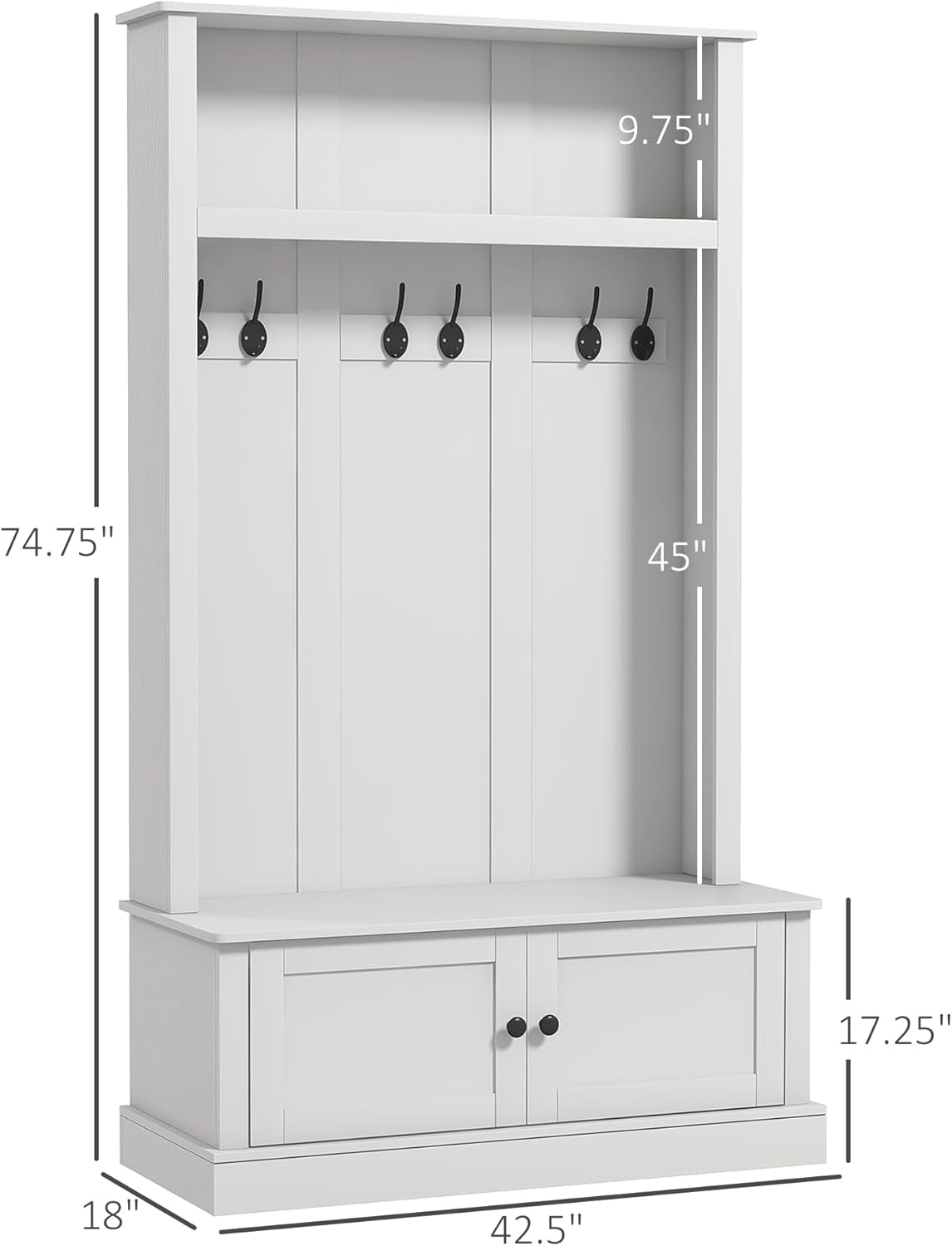 42" 3-In-1 Entryway Hall Tree with Storage Bench, Coat Rack with Six Hooks, Shoe Storage and Top Shelf, White
