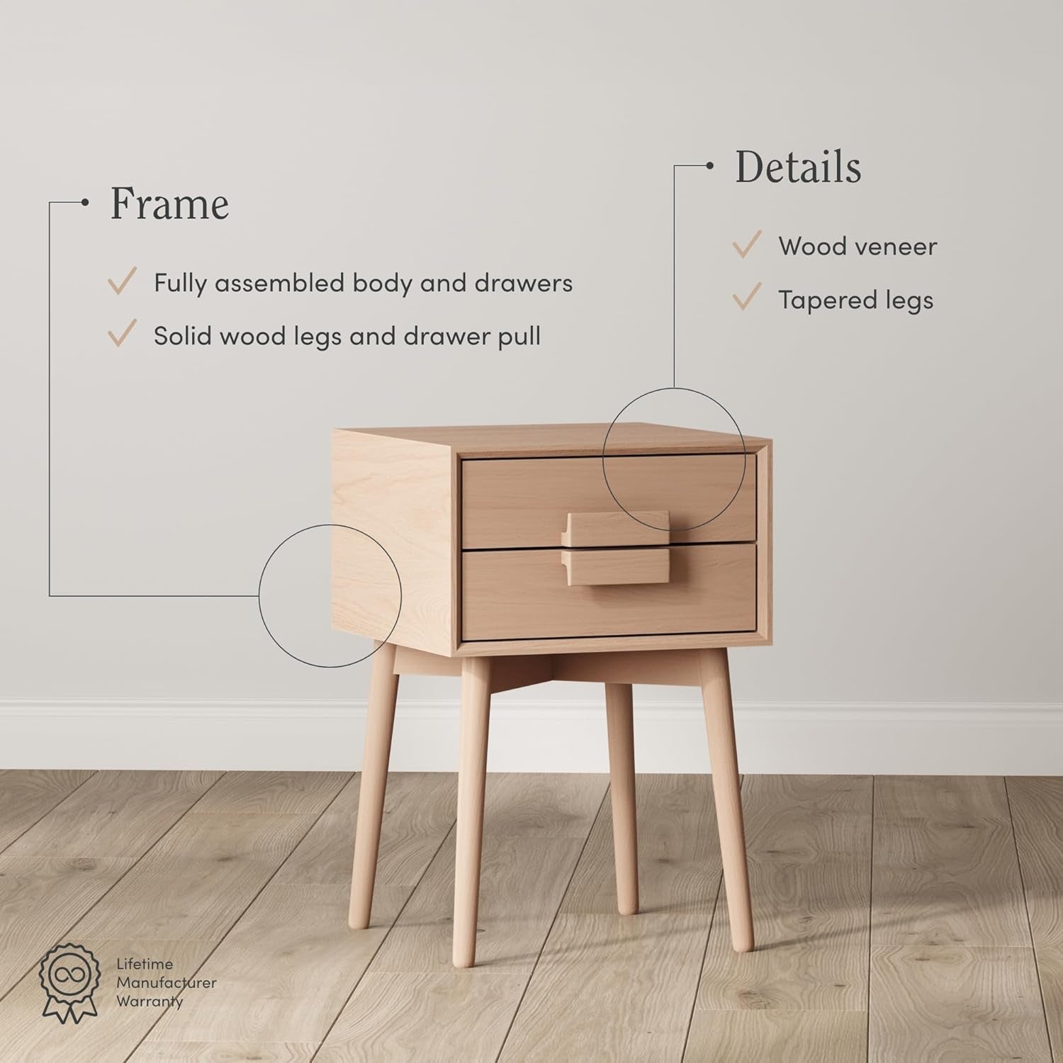 Harper 2-Drawer Mid Century Modern Nightstand, Solid Wood Nightstand in Raw Oak