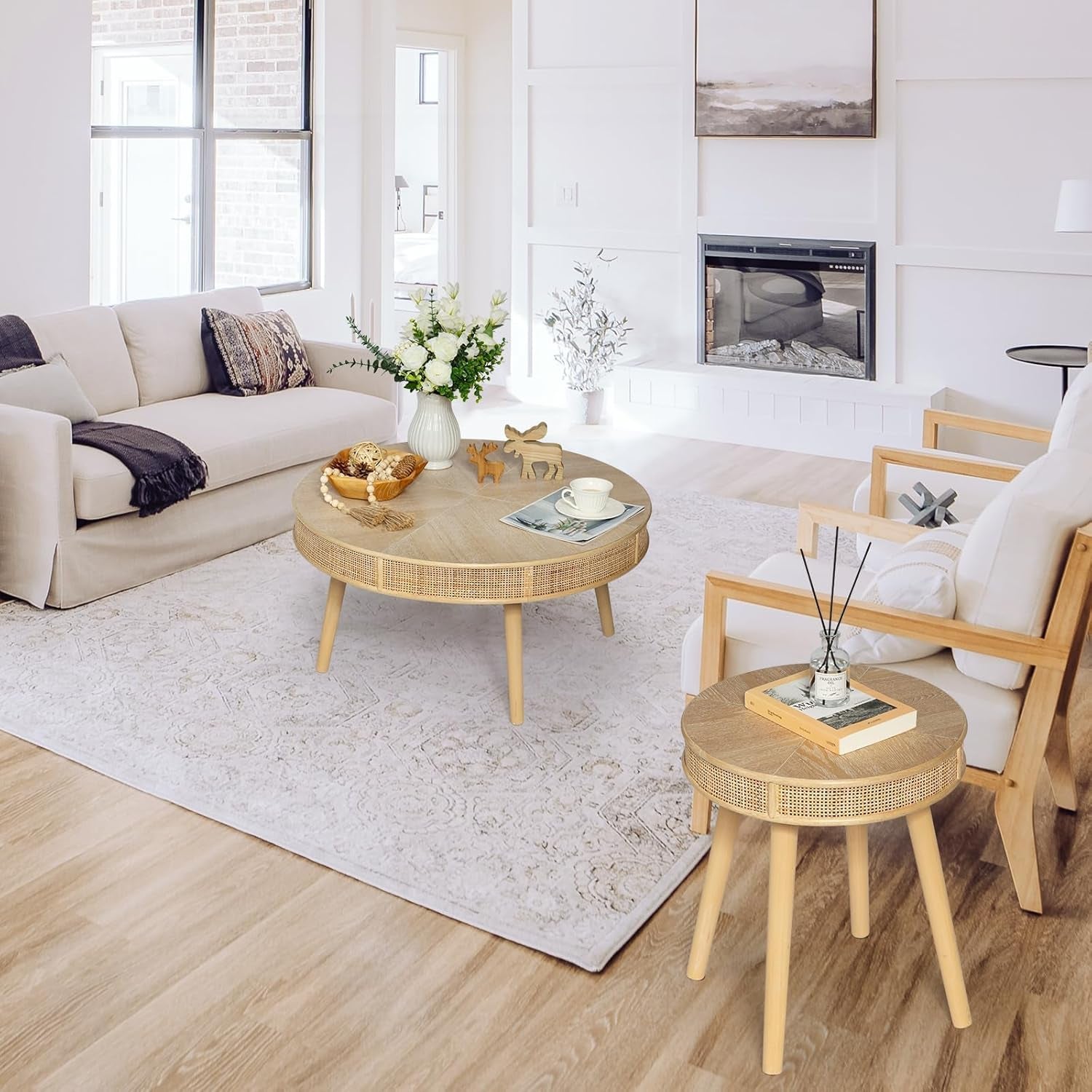 Farmhouse round Coffee Table, Rustic Sofa Side Tea Tables Nesting Center Table Set with Handmade Rattan for Living Room, French Country Decor, Natural, 2Pack