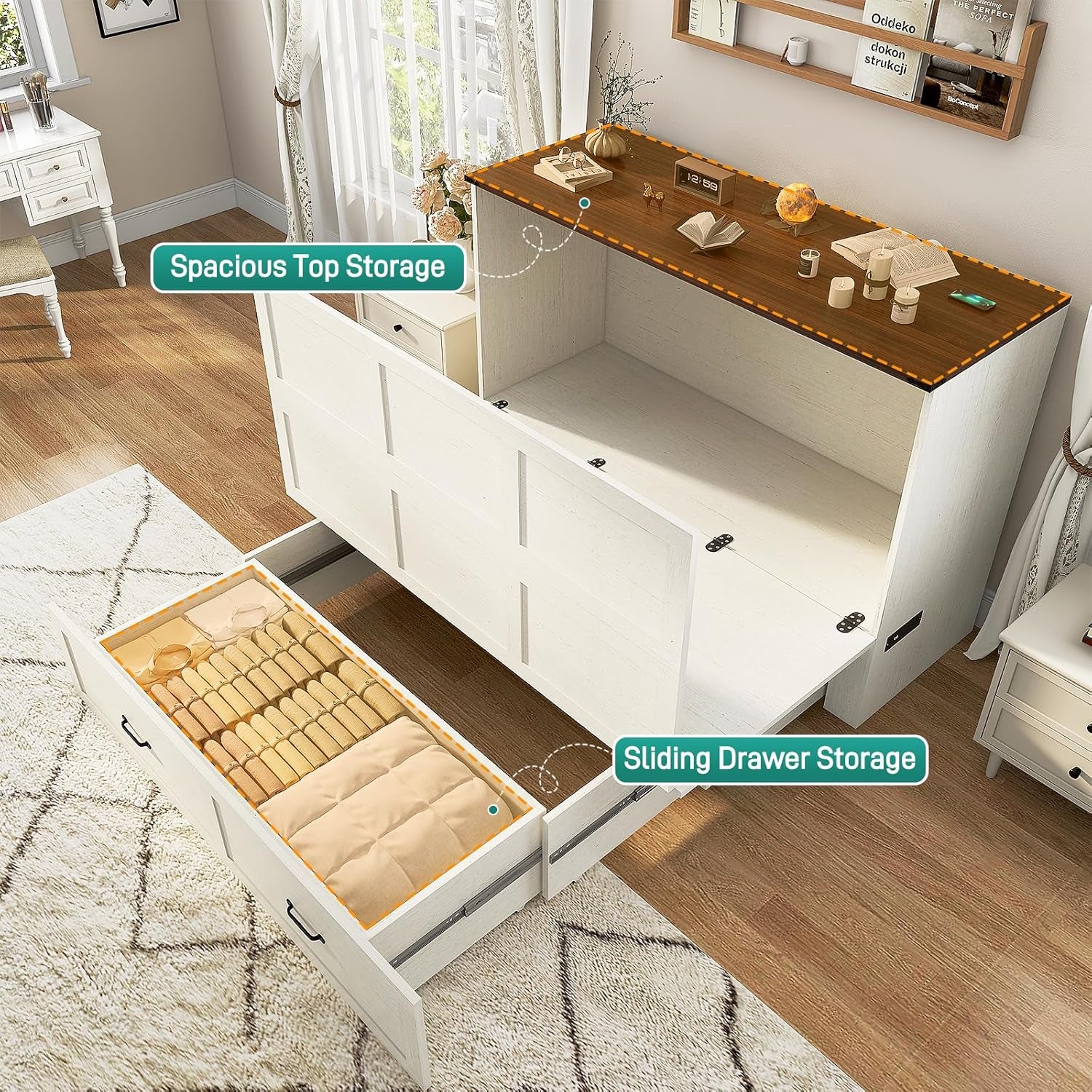 Queen Size Murphy Chest Bed with Drawer and Charging Station, Farmhouse Wood Space-Saving Hidden Folding Bed Chest, Multifunctional Storage Cabinet Beds for Bedroom, Office, Rustic White