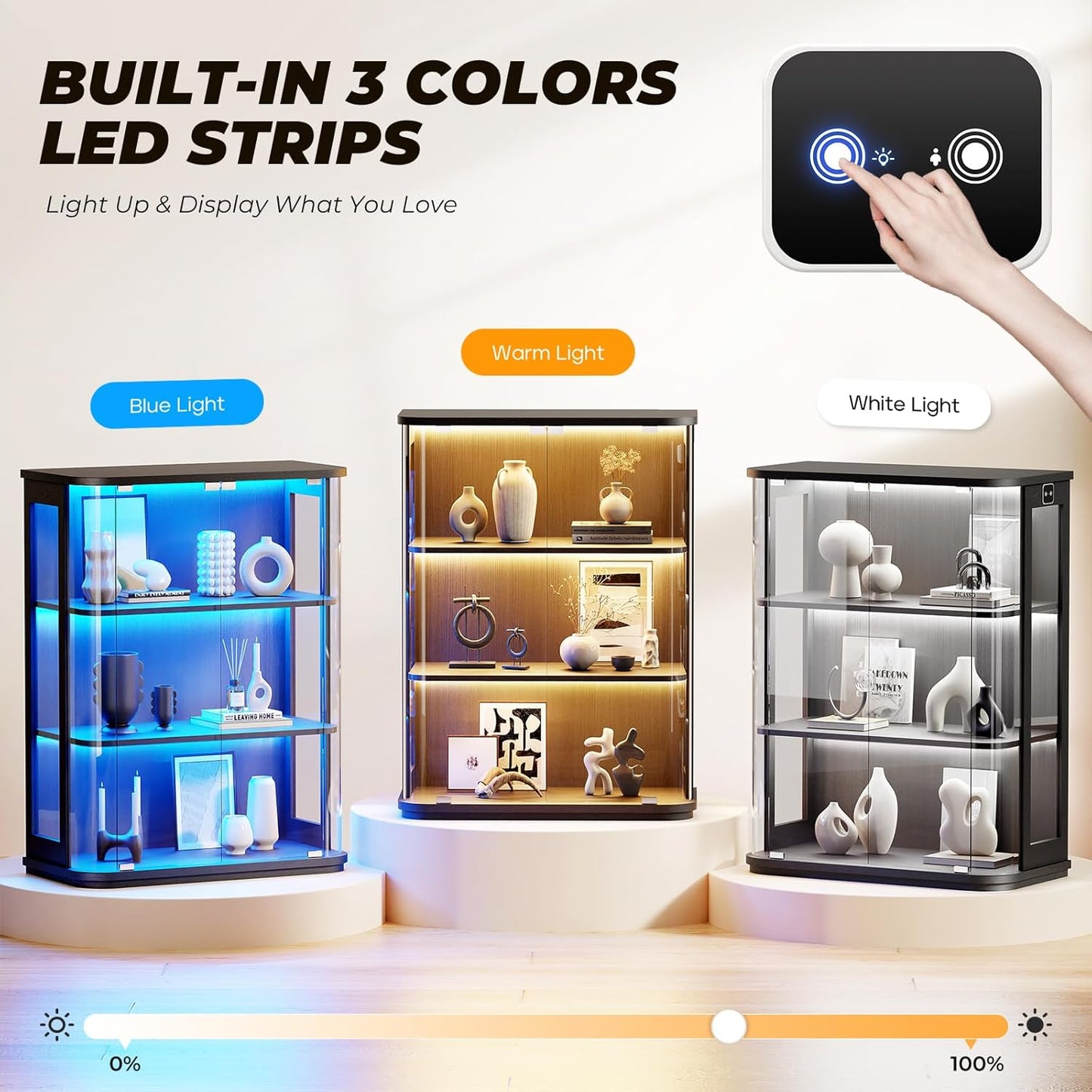 Rounded Display Cabinet with Glass Door, 3-Tier Curio Cabinet with 3 Color Lights for Collectibles, Glass Display Case with Transparent Full-Display Surface, Human Body Sensor, Black