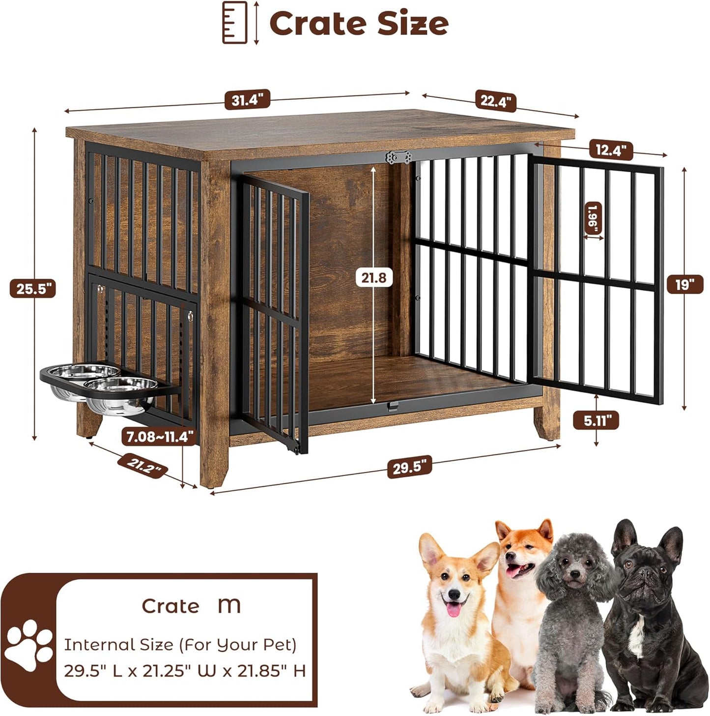 Dog Crate Furniture, Wooden Dog Kennel Indoor with Adjustable 360°& Height Dog Bowls, Double Doors Furniture Dog Crates End Table for Small/Medium 31.5" L*22.5" W*25.6" H, Brown