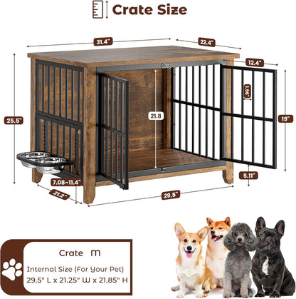 Dog Crate Furniture, Wooden Dog Kennel Indoor with Adjustable 360°& Height Dog Bowls, Double Doors Furniture Dog Crates End Table for Small/Medium 31.5" L*22.5" W*25.6" H, Grey