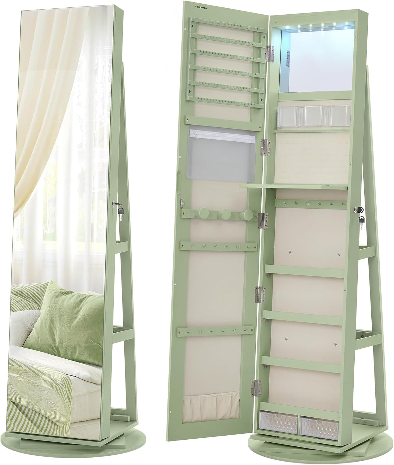 6 Leds Lockable Mirror Jewelry Cabinet, 360° Swivel Jewelry Organizer Armoire Standing, Frameless Full-Length Mirror, 3 Storage Shelves, Laurel Green Surface, Cream White Lining UJJC007C01