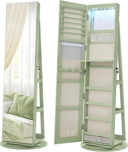 6 Leds Lockable Mirror Jewelry Cabinet, 360° Swivel Jewelry Organizer Armoire Standing, Frameless Full-Length Mirror, 3 Storage Shelves, Laurel Green Surface, Cream White Lining UJJC007C01