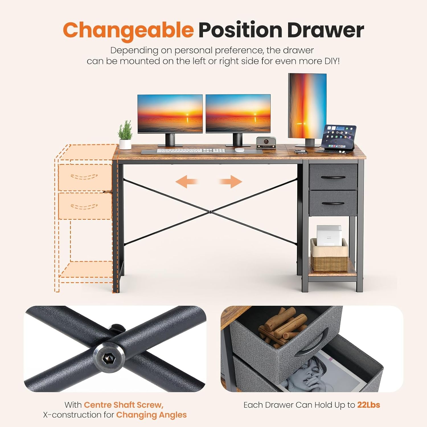 40 Inch Computer Desk with Drawers for Home Office, Writing Desk with X-Shaped Reinforcement, Wood Table with Adjustable Position Drawers, Modern Study Work Table with Side Hook, Rust