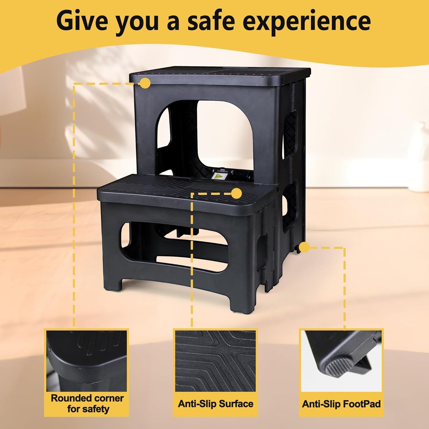 Folding 2-Step Stool, Non-Slip Portable Footstool 8'' & 17'' Dual Heights, Holds 300 Lbs, Portable Footstool for Kitchen Home Toilet Bedroom Office Bathroom Rv(Black)