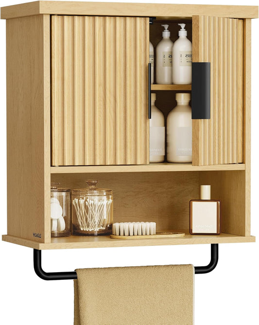 MAXE Collection - Bathroom Cabinet Wall Mounted, over Toilet Hanging Cabinet with Adjustable Shelf, Towel Bar, Fluted Doors, 7.9 X 17.7 X 24 Inches, Transitional, Oak Beige UBBK137Y01S