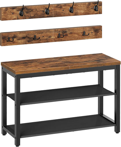 Hall Tree with Bench, Shoe Rack with Coat Rack, Entryway Bench with Coat Rack, Coat Rack with Shoe Storage, with 2 Oxford Fabric Shelves, Mud Room, Industrial, Rustic Brown and Black BF77MT01