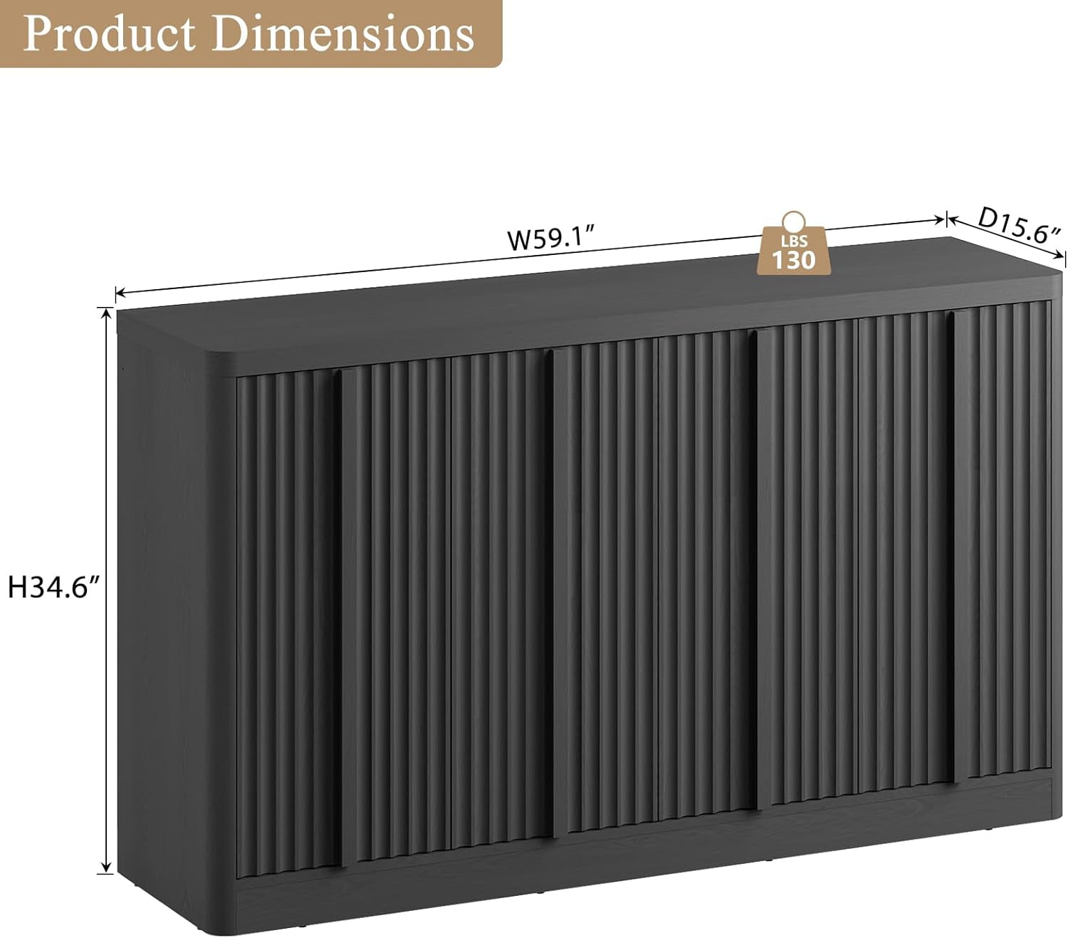 Fluted Buffet Cabinet with Storage, 60" Sideboard Buffet Storage Cabinet with 4 Doors & Adjustable Shelves, Wood Coffee Bar Credenza Accent Cabinet for Kitchen, Living Room, Black(1Pcs)