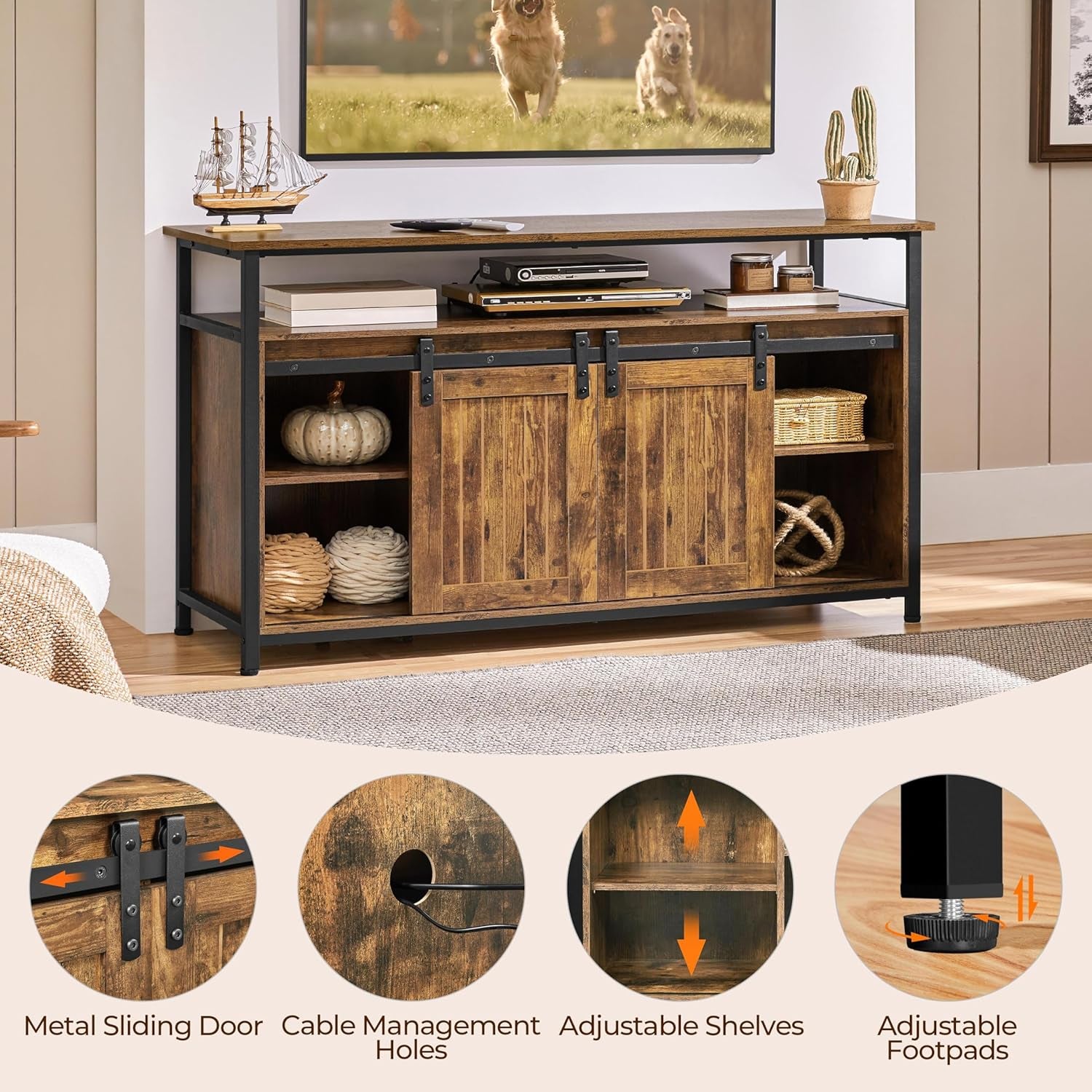 TV Stand for 65 Inch TV, Farmhouse Entertainment Center with Storage, Wood Tall TV Stands for Living Room with Sliding Barn Doors, Rustic Brown