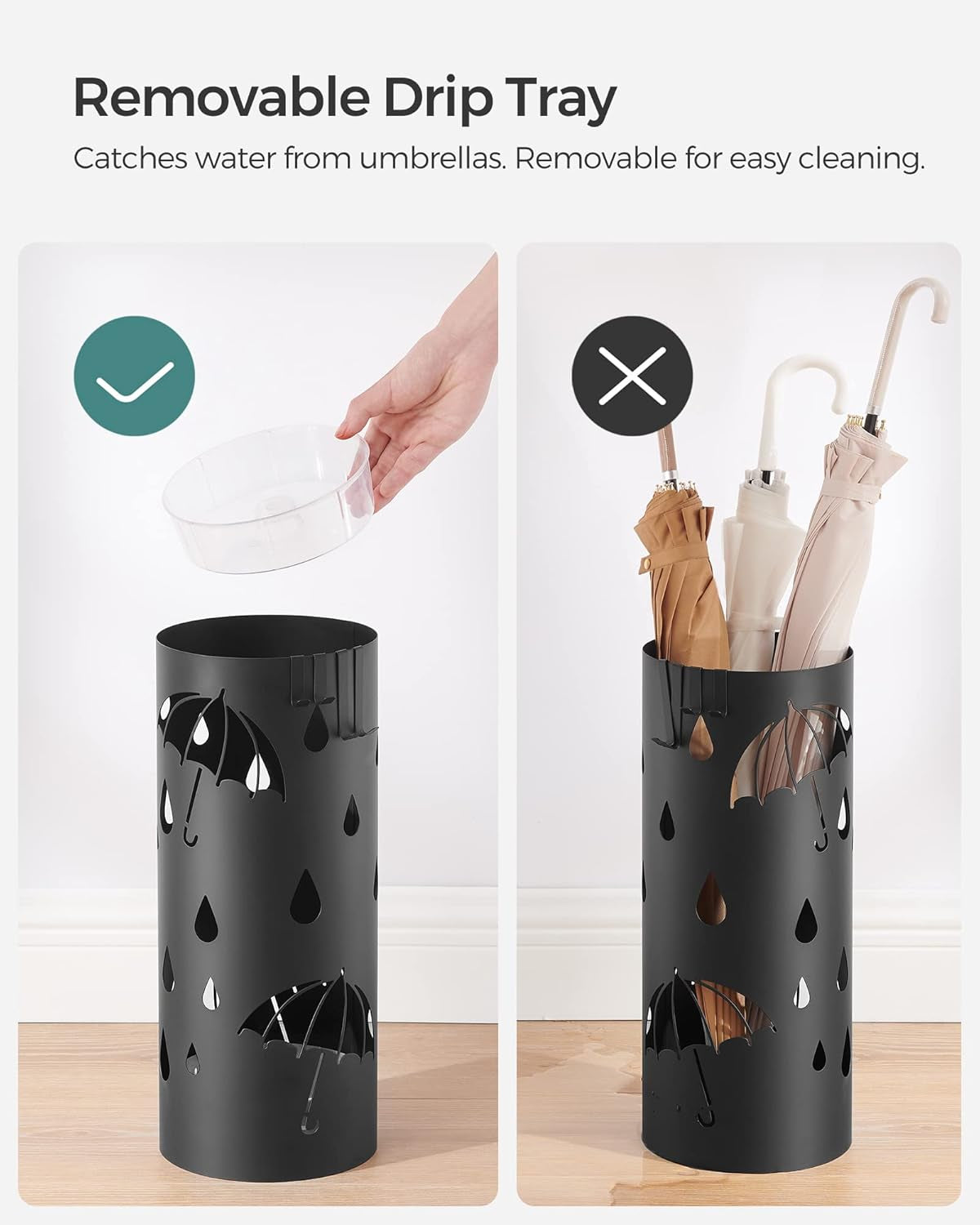 Umbrella Stand, Metal Umbrella Holder for Entryway, with Water Tray and 4 Hooks, 6.7 X 6.7 X 16.1 Inches, Round, Ink Black ULUC024B01