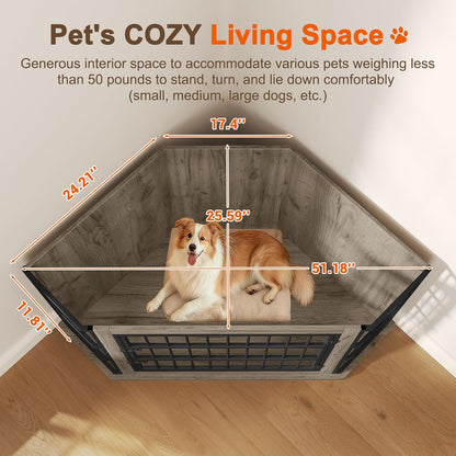 Corner Dog Crate Furniture with 2-Tier Shelves，51" Large Dog Kennel Indoor Wooden TV Stand, Modern Dog Cage Decorative Pet House