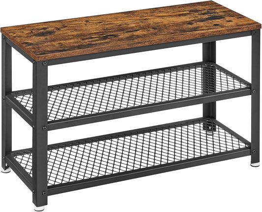 , 3-Tier Shoe Rack, Shelf Storage Bench with Metal Mesh Shelves and Seat, Free Standing Shoe Organizer for Entryway, 11.8 X 28.7 X 17.7 Inches, Rustic Brown and Black ULBS73X