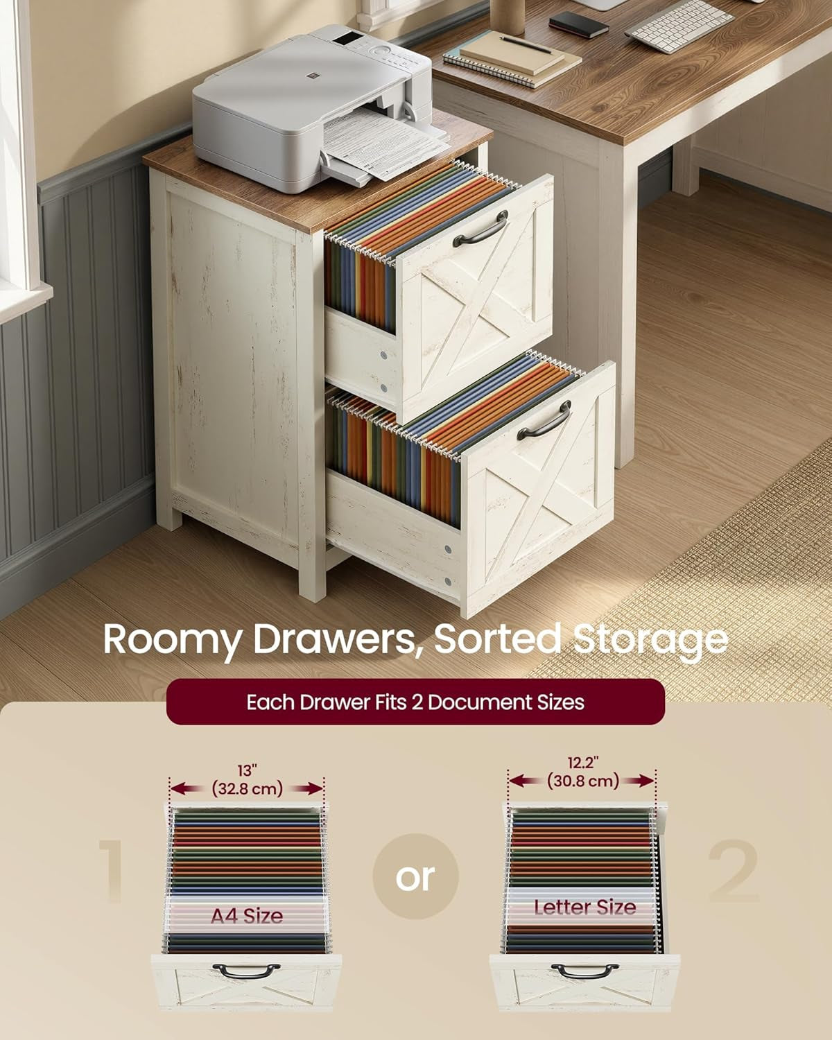 File Cabinet, 2-Drawer Filing Cabinet for Home Office, Modern Farmhouse, Adjustable Hanging Rail for A4 Letter Files, Printer Stand, Study Bedroom, Rustic White and Honey Brown UOFC086WJ02S