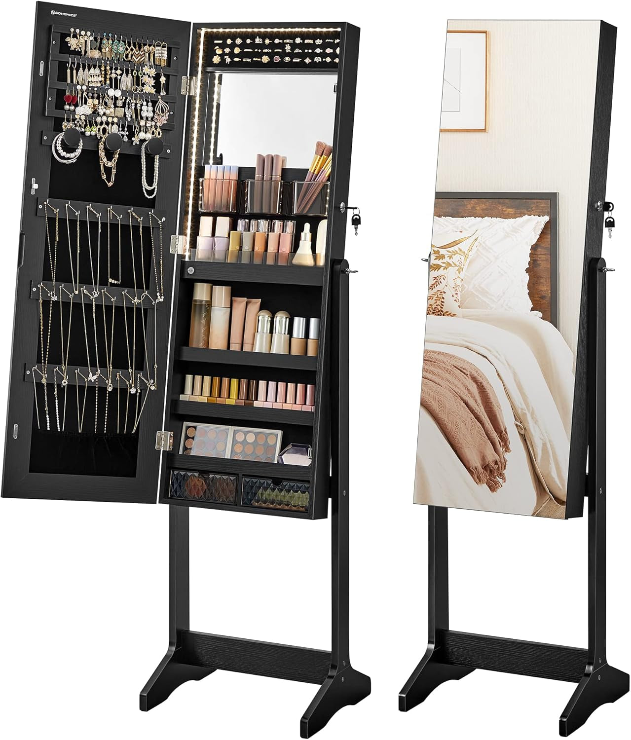 Mirror Jewelry Cabinet Standing Armoire Organizer, Jewelry Storage with Full-Length Frameless LED Lights, Built-In Makeup Mirror, 2 Drawers, Lockable, Black UJJC023B01