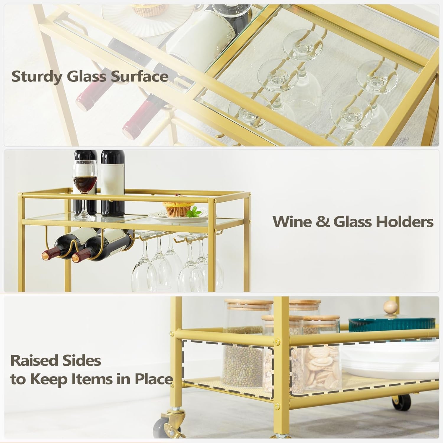 Gold Bar Cart, Beverage Cart with Wheels, Bar Cart for the Home, 2-Tier Drink Cart with Wine Rack and Glass Holder, Kitchen, Dining Room, Gold RCJ63B01Z