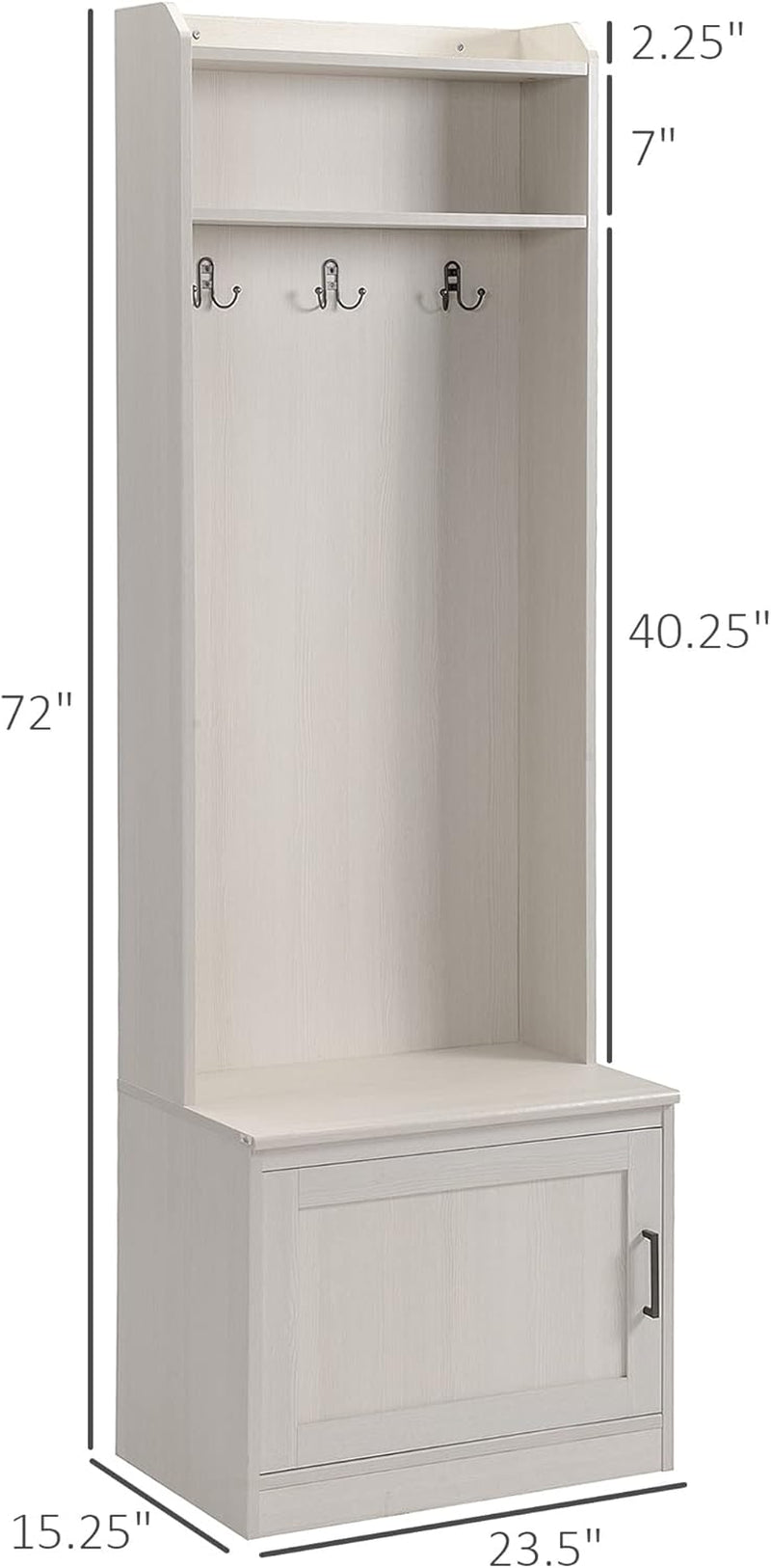 Narrow Hall Tree with Shoe Storage Bench, Rustic Entryway Bench with Coat Rack, Accent Coat Tree with Storage Shelves for Hallway, Mudroom, White Wood Grain