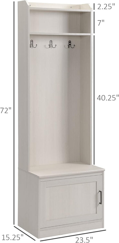 Narrow Hall Tree with Shoe Storage Bench, Rustic Entryway Bench with Coat Rack, Accent Coat Tree with Storage Shelves for Hallway, Mudroom, White Wood Grain
