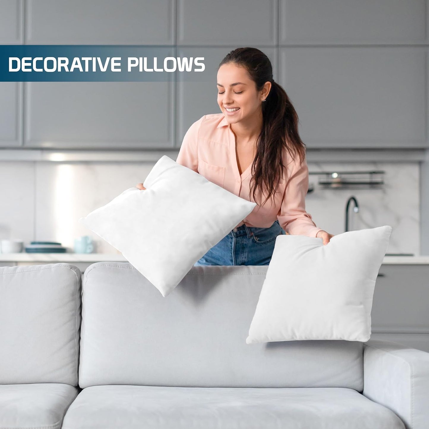 Throw Pillows (Set of 4, White), 18 X 18 Inches Pillows for Sofa, Bed and Couch Decorative Stuffer Pillow