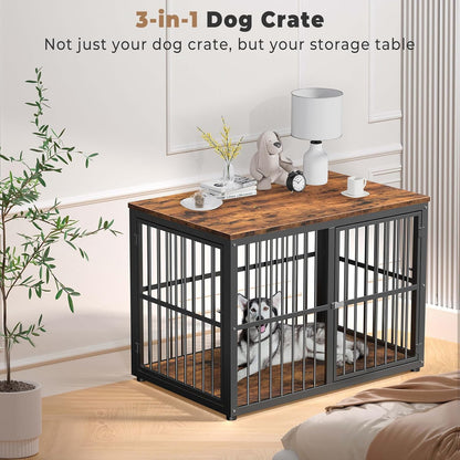 43'' Dog Crate Furniture with 3 Doors, XL Wooden Crate End Table, Heavy Duty Indoor Puppy Cage Kennel for Medium to Large Dogs, Multiple Units Can Be Combined