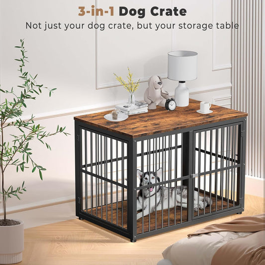 43'' Dog Crate Furniture with 3 Doors, XL Wooden Crate End Table Heavy Duty Indoor Puppy Cage for Medium to Large Dogs, Multiple Units Can Be Combined