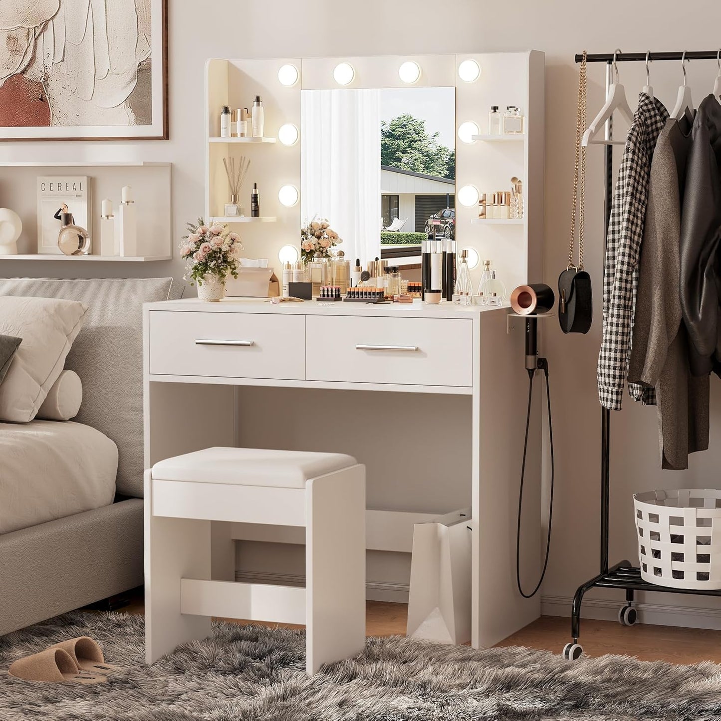 Make up Vanity Desk with Mirror and Power Outlet, Vanity with 3 Color Light Options Adjustable Brightness,Vanity Desk with 2 Drawers, 6 Storage Shelves (White, with Bench)