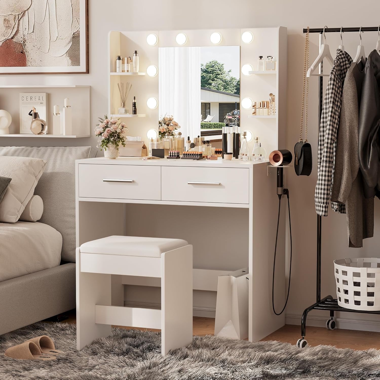 Make up Vanity Desk with Mirror and Power Outlet, Vanity with 3 Color Light Options Adjustable Brightness,Vanity Desk with 2 Drawers, 6 Storage Shelves (White, with Bench)