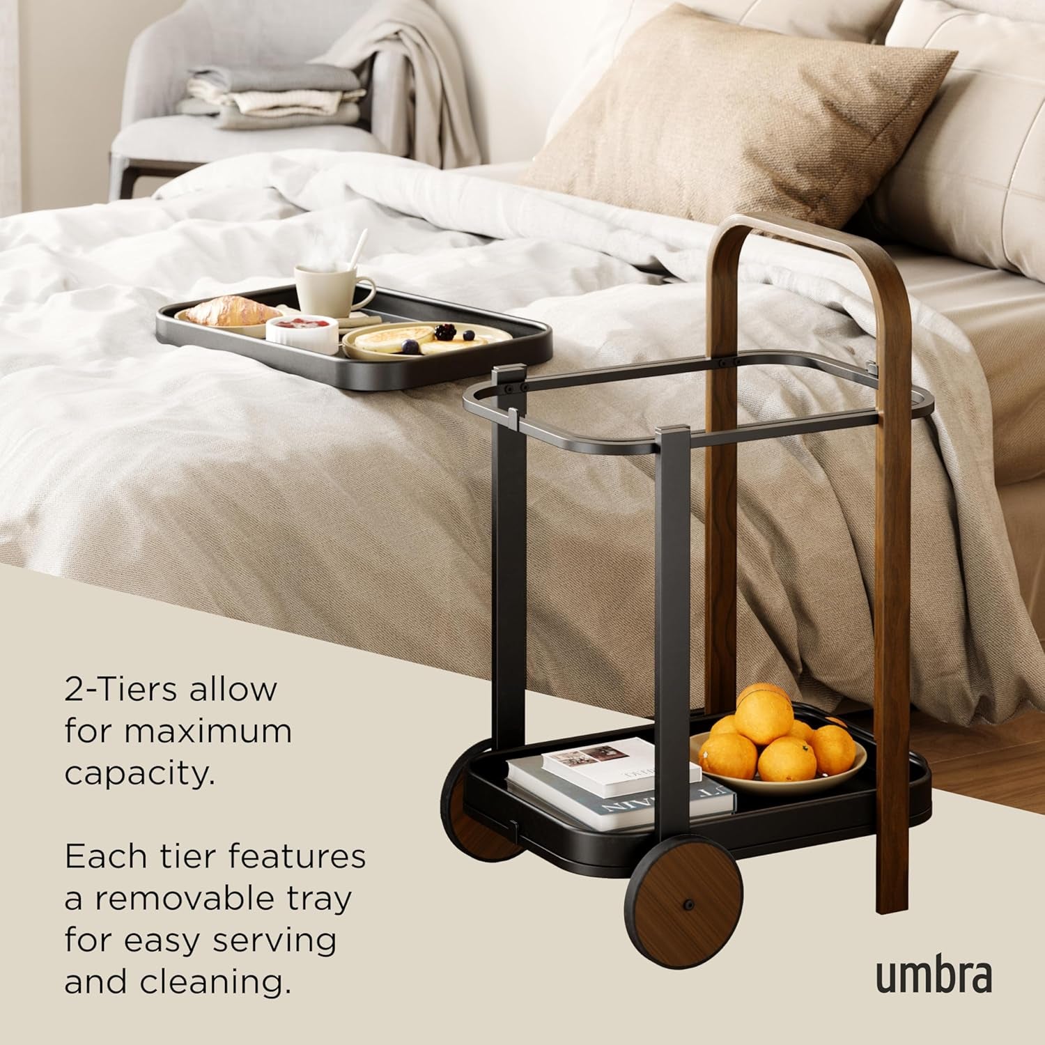 Bellwood Bar Cart, Serving Trolley, Side Table, Walnut/Black