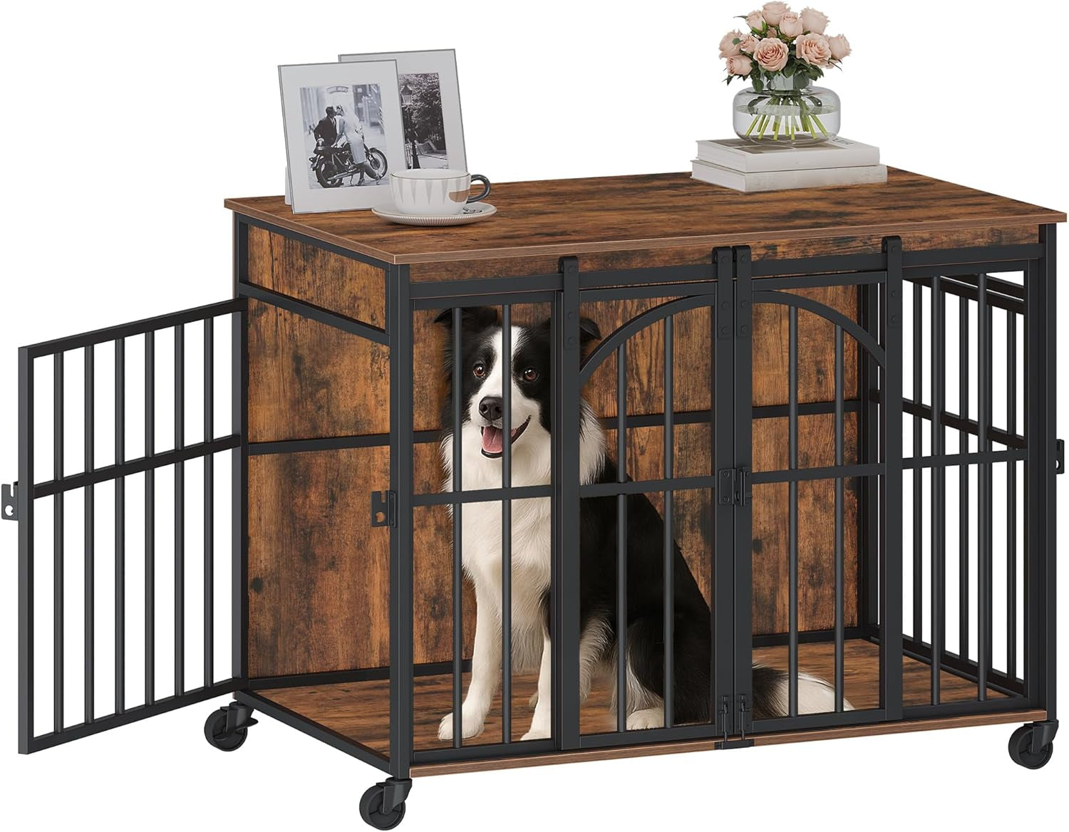 37.4" Dog Crate Furniture with Wheels, Wooden Pet Cage Indoor with Barn Door, L Dog Kennel Heavy Duty, Decorative Pet Crate for Small/Medium Dogs, End Table TV Stand, Rustic Brown DFC86201B