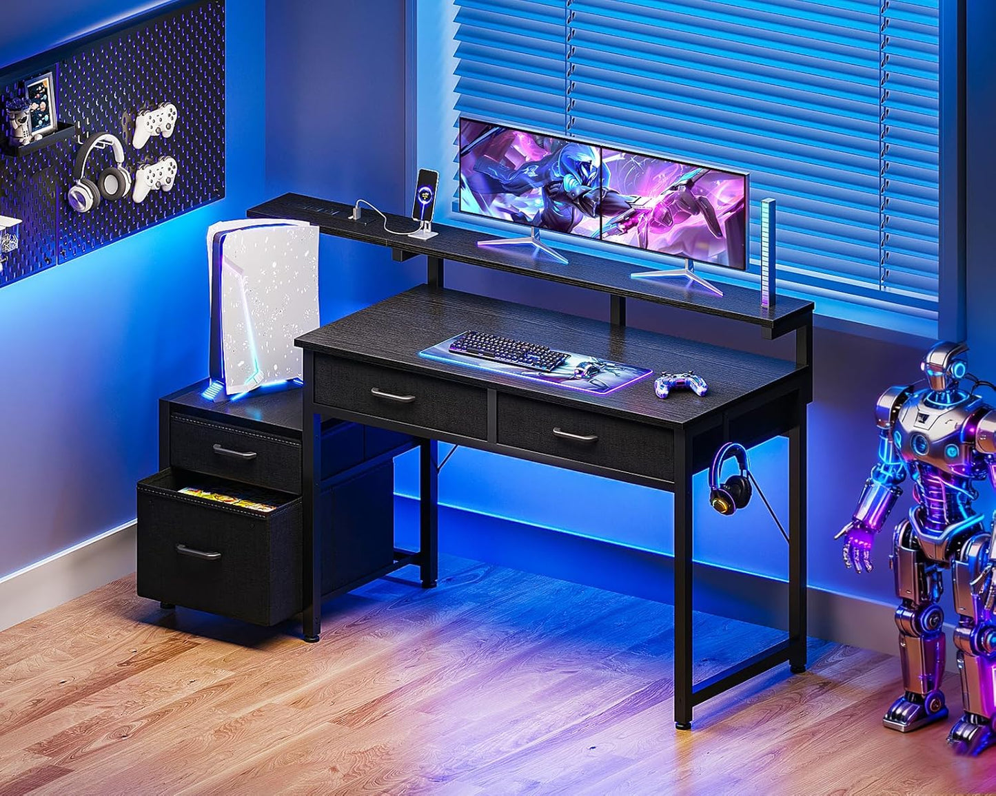 Computer Desk with 4 Drawers, 48 Inch Gaming Desk with Power Outlet, Office Desk with Monitor Shelf, Work Desk Table for Home Office, Black