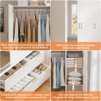Armoire Wardrobe Closet with 3 Door, Bedroom Armoires with Mirror and LED Lights, Hanging Rod, Drawers, Large Capacity Storage Wardrobe Armoire for Bedroom