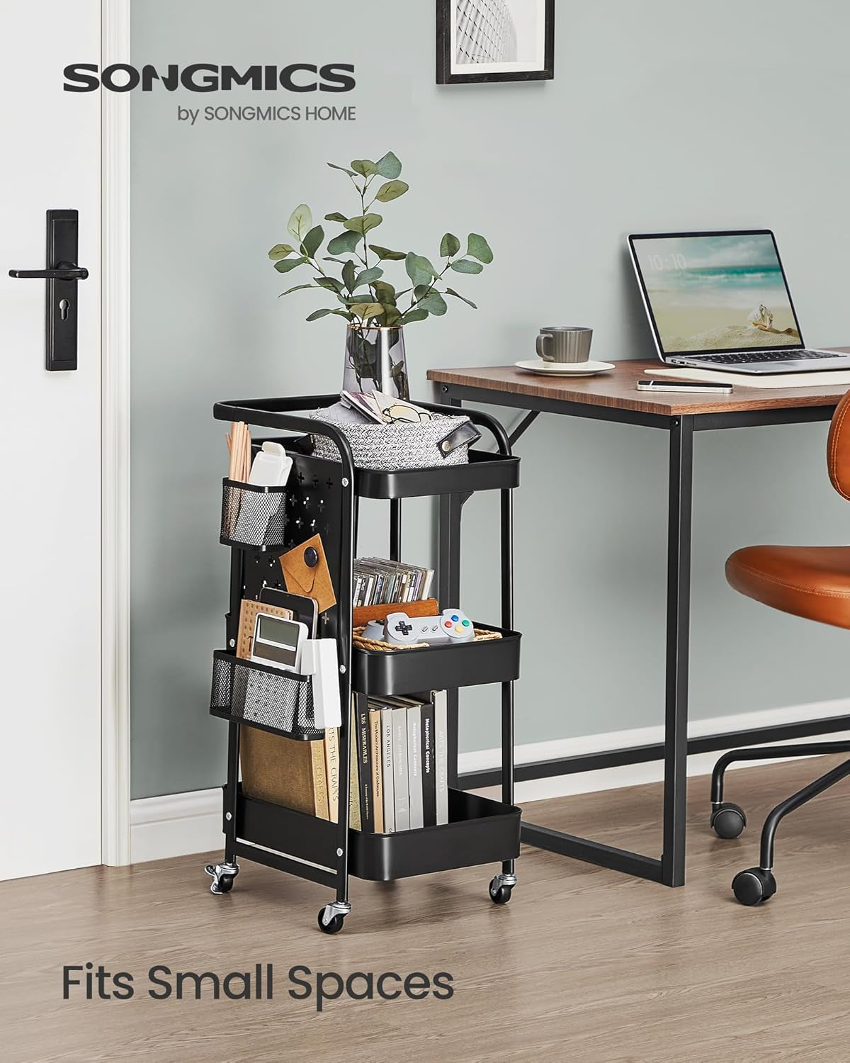 3-Tier Storage Cart, Rolling Utility Cart, Metal Mesh Shelves, 2 Removable Pegboards, 2 Hanging Holders, 4 Hooks, Craft Cart for Living Room, Kitchen, Office, Bathroom, Ink Black ULRC037B01
