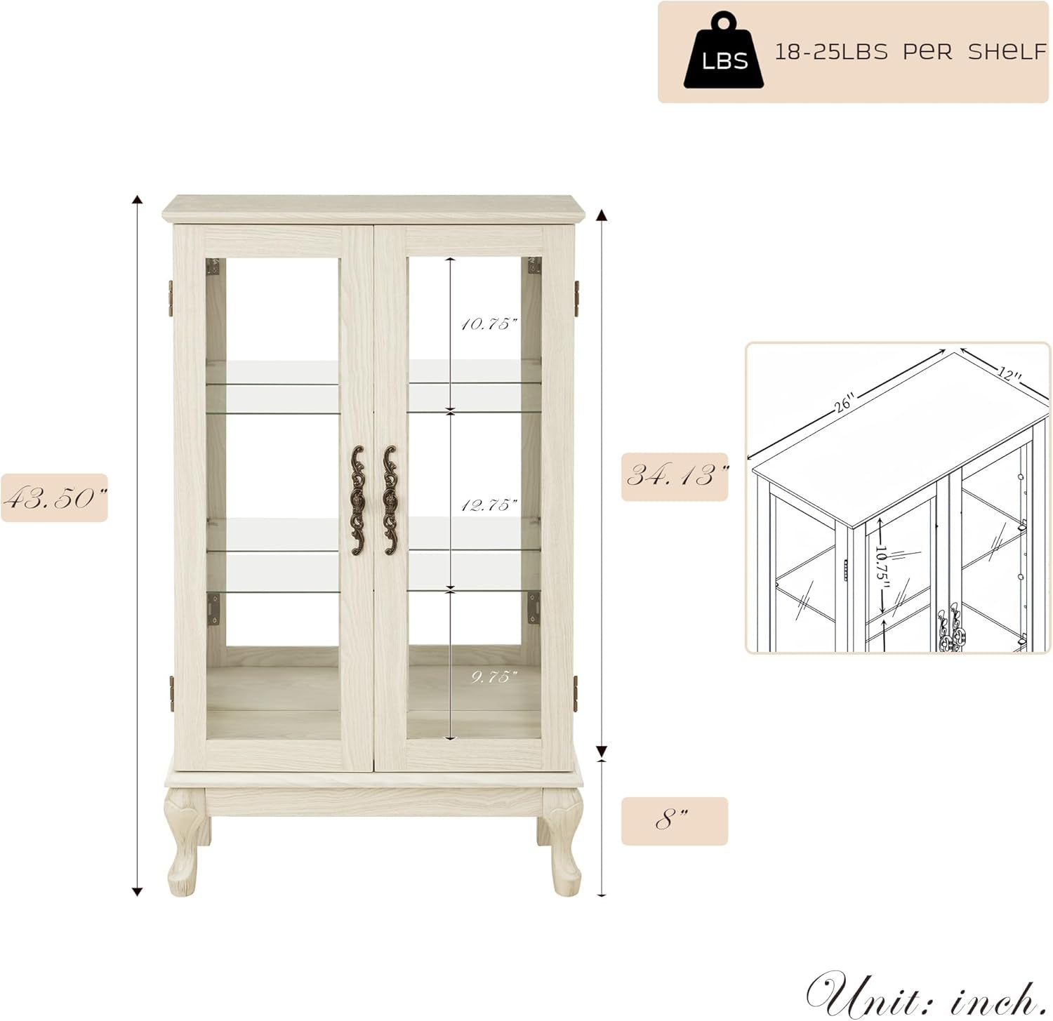 Lighted Curio Cabinet, 44" H Glass Display Case with Adjustable Glass Shelves, Vintage China Cabinet with Mirrored Back Panel & 3-Tier Shelves, Blub Included, Rack for Living Room (Antique White)