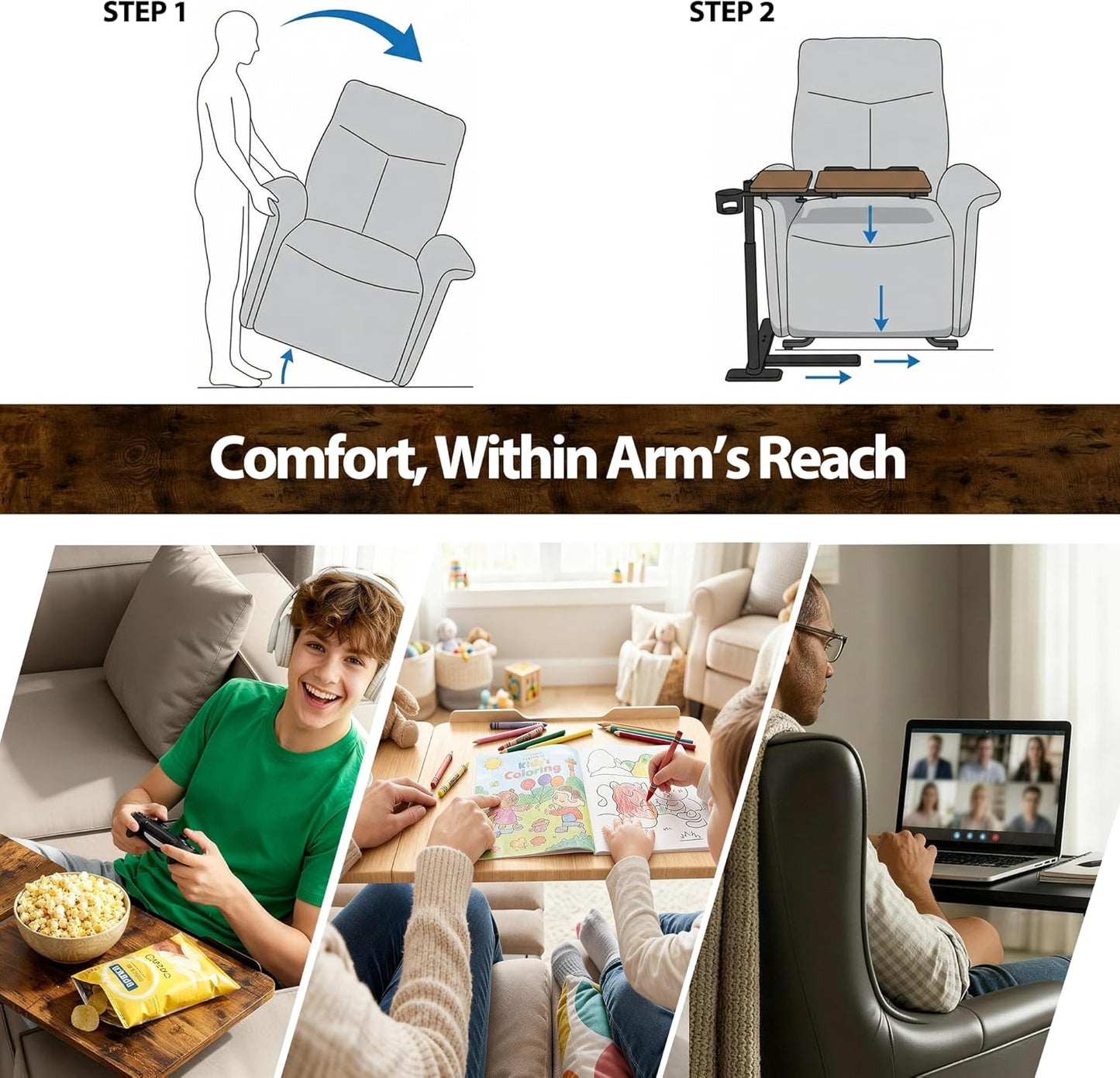 Height Adjustable Overcouch Armrest Table Tray – Tilting Top Swivel Table for Recliner, Sofa, Laptop, Slide under Side Table for Eating, Reading, Snacking, Recovery Use (Rustic Brown)