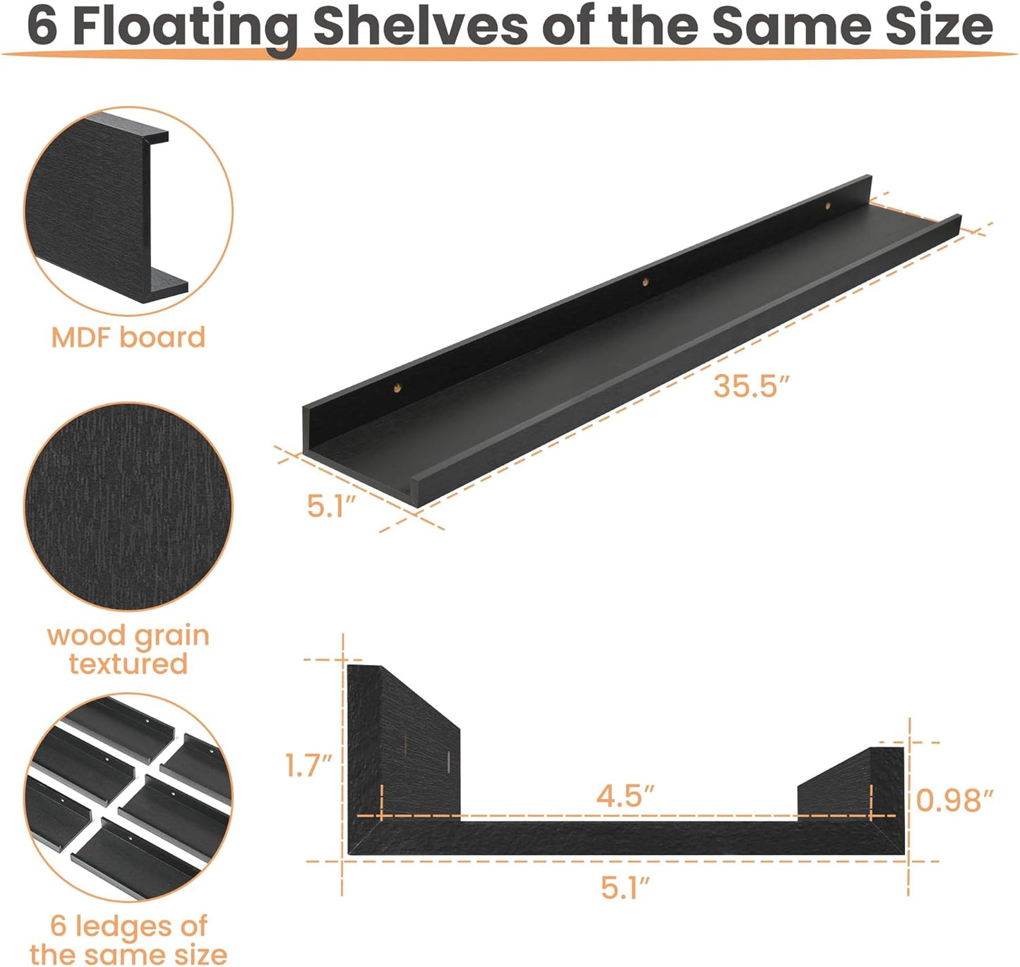 Floating Shelves for Wall, 35.5 Inch Shelves for Decor Storage Set of 6, Wall Mounted Wood Shelf for Bedroom, Living Room, Bathroom, Kitchen, Long Picture Ledge Shelves, Black
