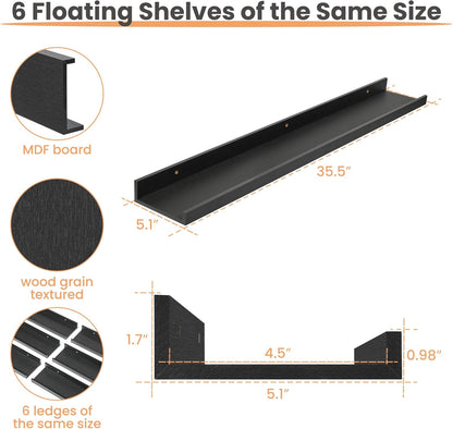 Floating Shelves for Wall, 35.5 Inch Shelves for Decor Storage Set of 6, Wall Mounted Wood Shelf for Bedroom, Living Room, Bathroom, Kitchen, Long Picture Ledge Shelves, Black
