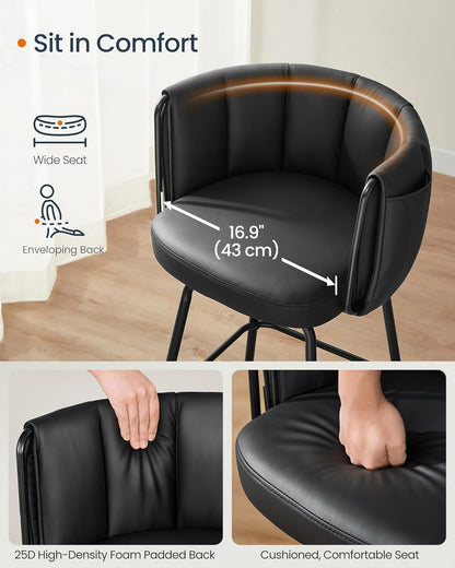 360° Swivel Bar Stools Set of 2, Barstools with Curved Back, Upholstered Counter Bar Stools with Footrest, Metal Tapered Legs, for Kitchen Island, Dining Room, Ink Black ULBC123B02