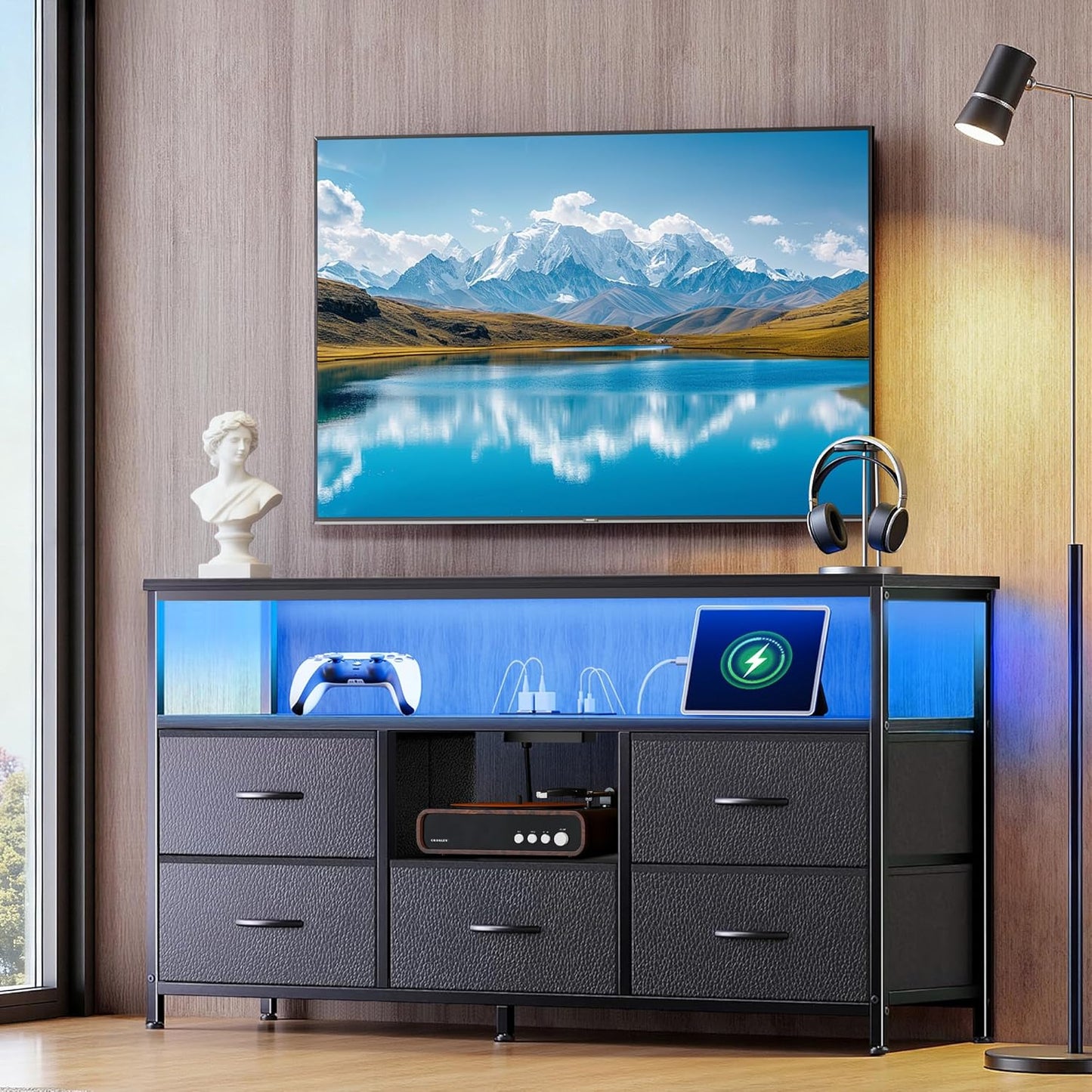 TV Stand for Bedroom, 47 Inch Dresser TV Stand for 43, 50, 55 Inch Tvs, 5 Drawers Entertainment Center with Storage, LED Lights & Power Outlets, Media TV Console Table for Living Room, Black