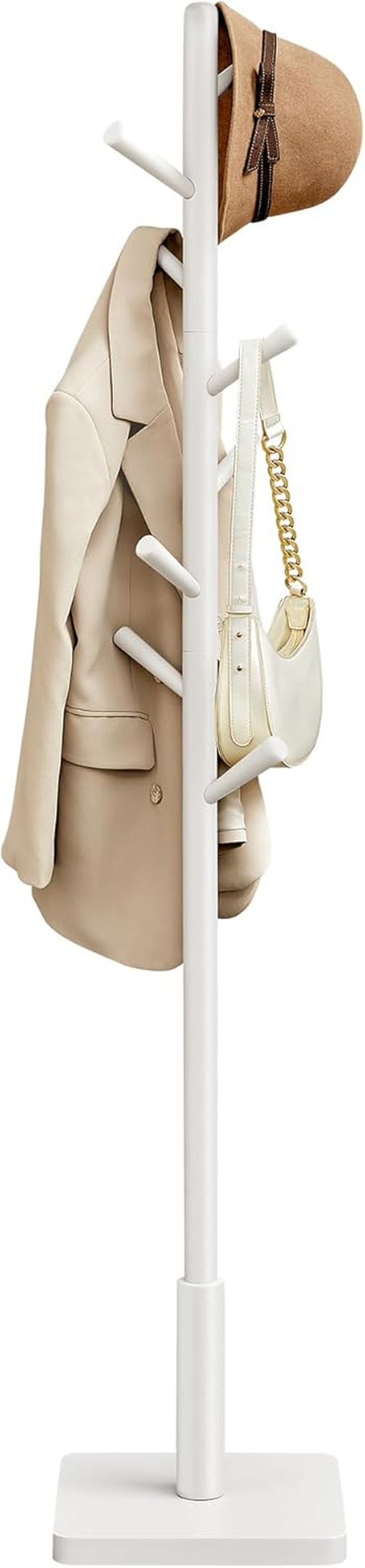 Solid Wood Coat Rack, Free Standing Hall Coat Tree with 8 Hooks, 3 Height Options, for Coats, Hats, Bags, Purses, for Entryway, Hallway, Rubberwood Hooks and Pole, Cloud White URCR010W02