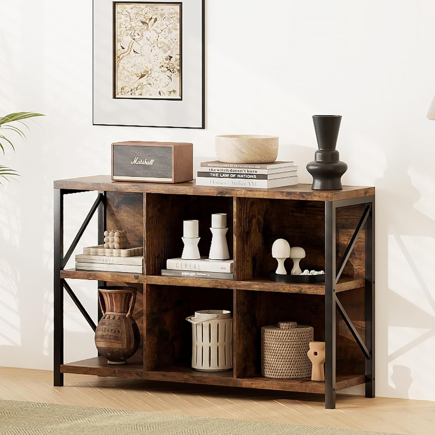 6 Cube Storage Organizer Bookshelf, Industrial Horizontal Bookcase, Accent Cubby Shelf, Media Console Table for Living Room, Home Office, 13.6" D X 47.2" W X 30.9" H, Rustic Brown