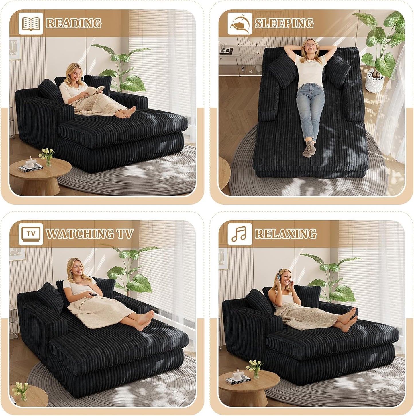 76" Oversized Chaise Lounge Chair Indoor, Cloud Boneless Sleeper Couch Corduroy Upholstered Sofa Bed Deep Seat Comfy Reading Chair with 3 Pillows for Living Room Bedroom, Black