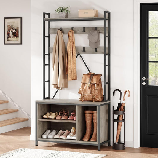 Hall Tree with Bench and Shoe Storage and Coat Rack, Industrial Entryway Bench with Storage Cubbies, Entryway Coat Rack for Hallway, Corner Places, Bedroom