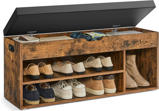 CUSTOS Collection - Storage Bench with Cushion, Shoe Bench, Padded Seat, Hidden Storage, Entryway, Hold up to 300 Lb, 11.8 X 39.4 X 17.3 Inches, Rustic Brown and Ink Black ULHS130B01