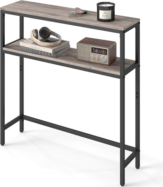 Console Table, 2-Tier Narrow Sofa Table with 2 Shelves, 7.9 X 31.5 X 31.5 Inches, for Living Room, Hallway, Entryway, Heather Greige and Ink Black ULNT130K02V1