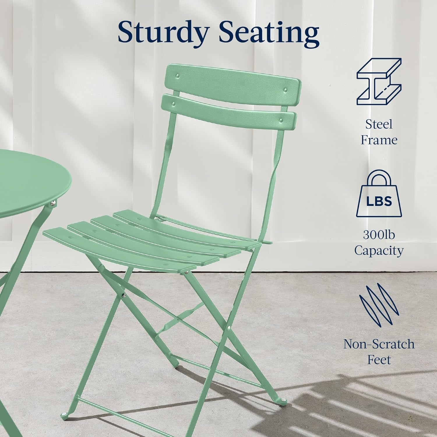3-Piece Bistro Set, Space Saving Folding Design, Solid Steel, Outdoor Patio Furniture Set W/ 2 Chairs, Bistro Table - Sage