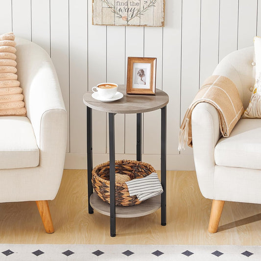 round Side Table, Wooden Look Accent End Table for Sofa Couch, round Nightstand with 2-Tier Storage Shelf, for Small Spaces in Living Room, Bedroom, Greige BG58BZ01G1