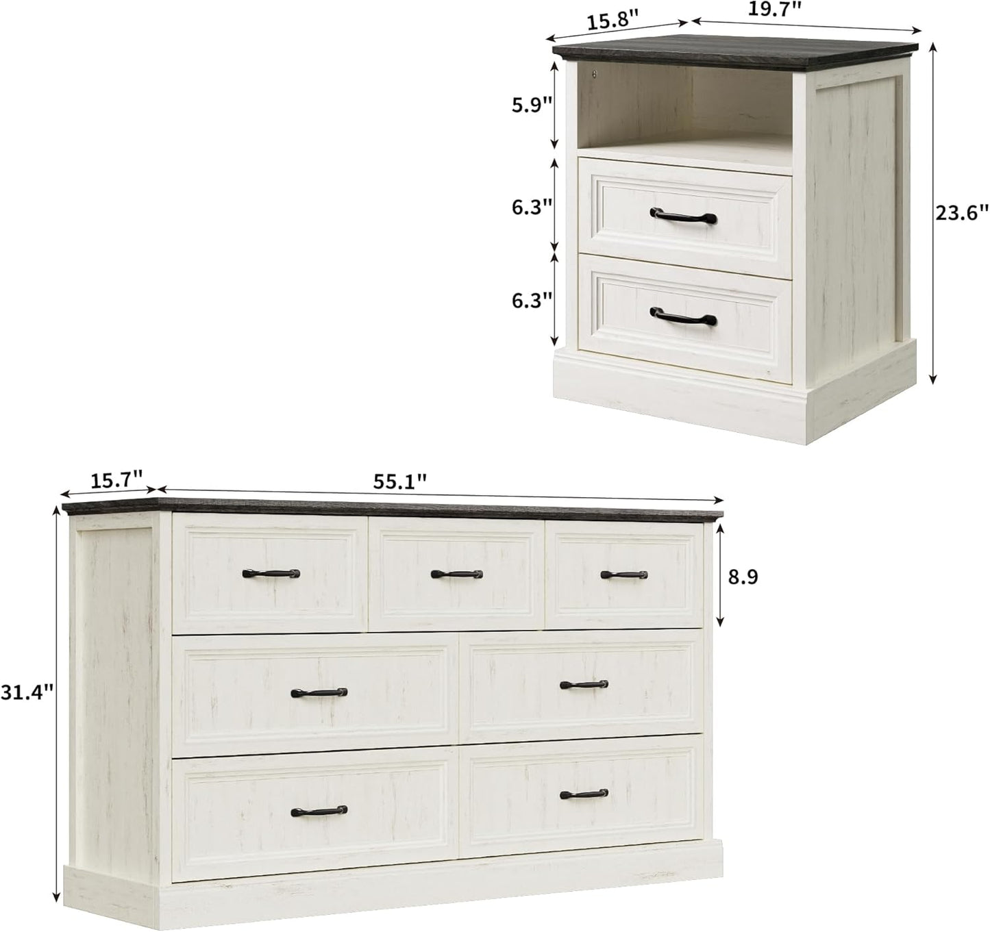 3 Pcs Farmhouse Dresser and Nightstand Sets for Bedroom, 7 Drawer Dresser & Nightstand Set of 2, Rustic Wooden Chest of Drawers Wide Storage Organizer for Bedroom, White