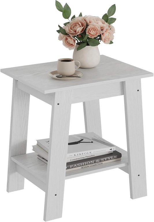 Farmhouse End Table with Storage Shelf - Rustic 2-Tier Side Table, Narrow Nightstand & Small Coffee Table for Living Room, Bedroom, Apartment (White)
