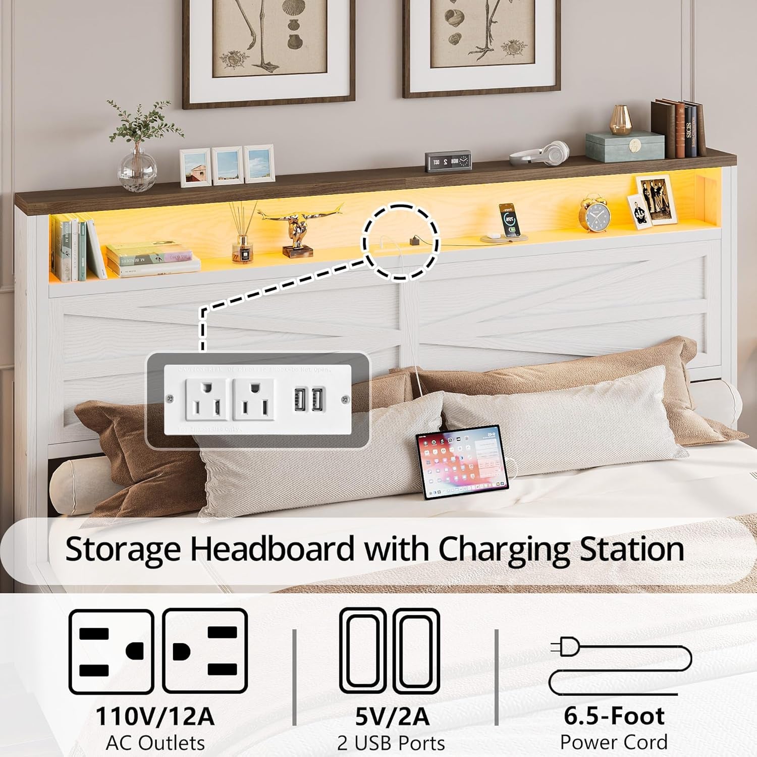 Farmhouse King Size Bed Frame with LED Light and Charging Station, Wood Bed Frame with Storage Headboard and 2 Drawers， Barn Door Design, Sturdy and Noiseless, White
